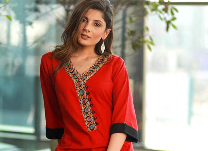 Red straight cut Handloom Kurta with Hand made Kutch mirror work Neckline