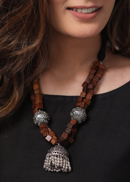 Exclusive neckpiece with wooden beads, oxidised balls and german silver traditional pendant - Sujatra