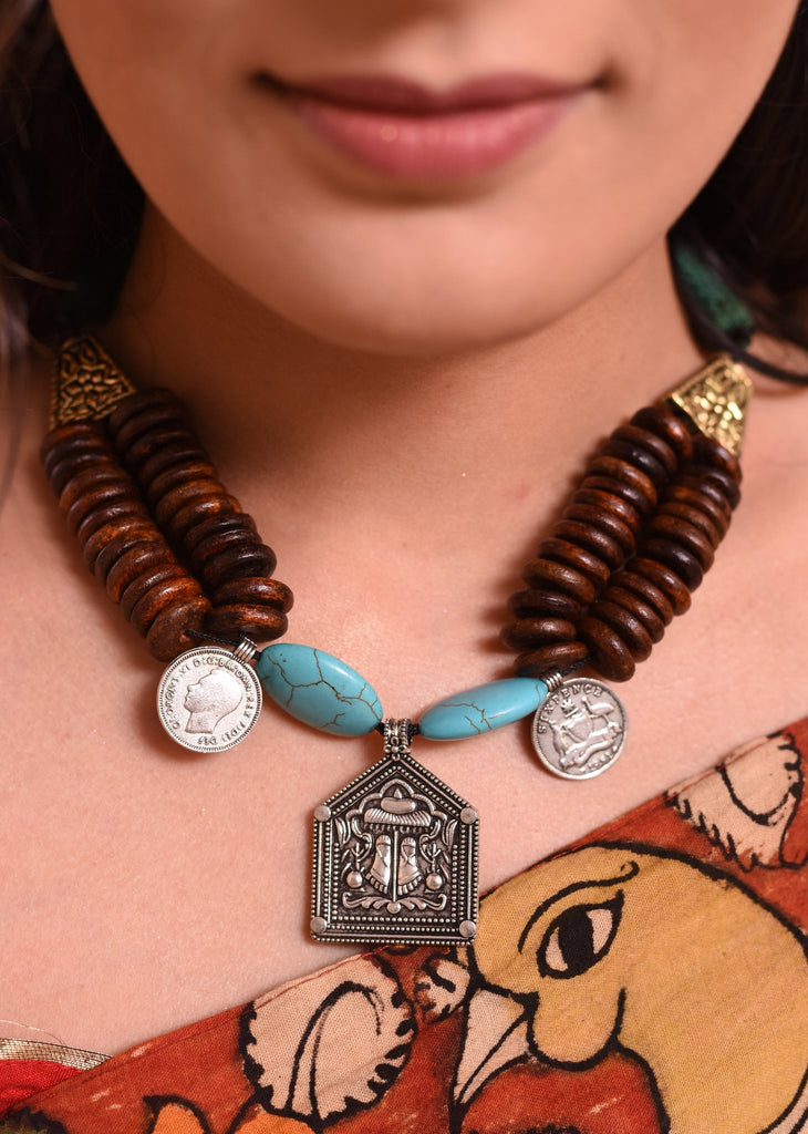 Wooden beaded necklace with stone combination & german silver pendant - Sujatra