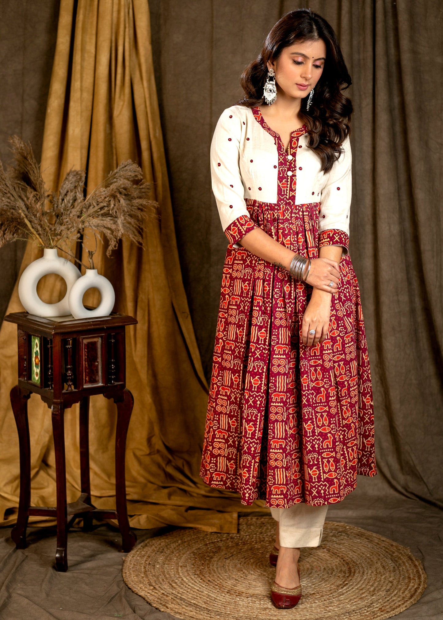 Gracious Wine Cotton Ajrakh Animal Print Kurta with Hand Embroidered Yoke - Pant Optional