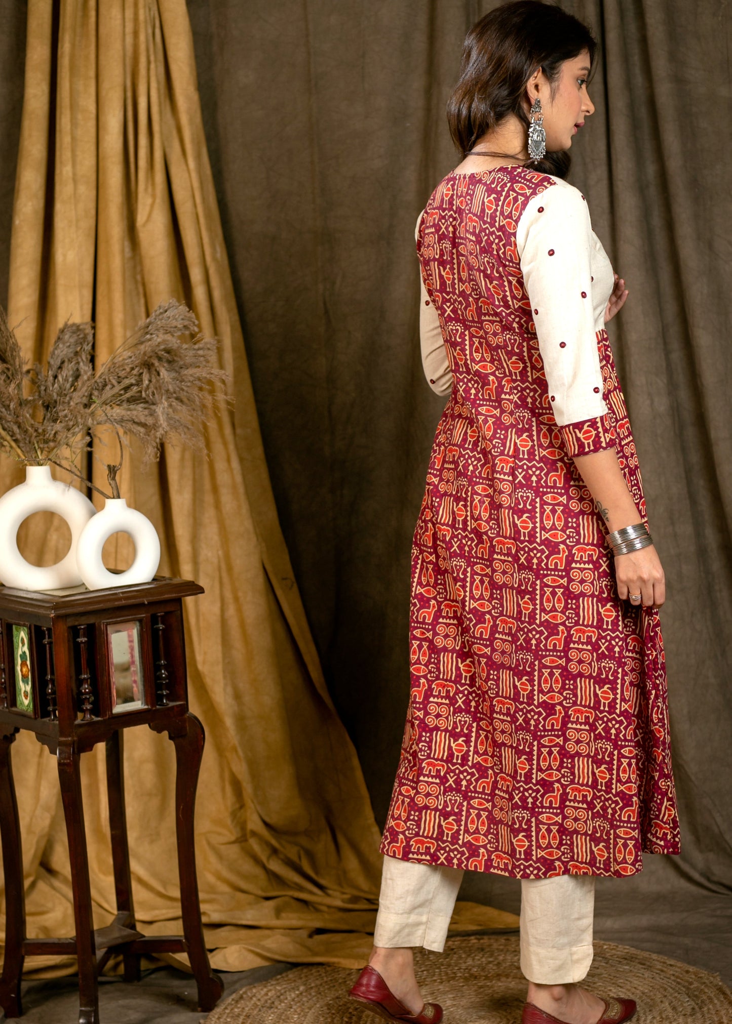 Gracious Wine Cotton Ajrakh Animal Print Kurta with Hand Embroidered Yoke - Pant Optional