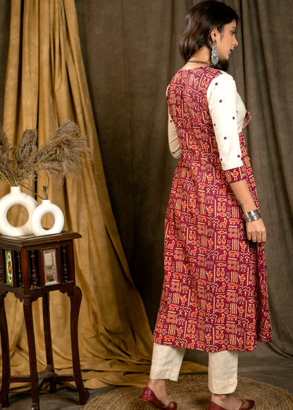 Gracious Wine Cotton Ajrakh Animal Print Kurta with Hand Embroidered Yoke - Pant Optional