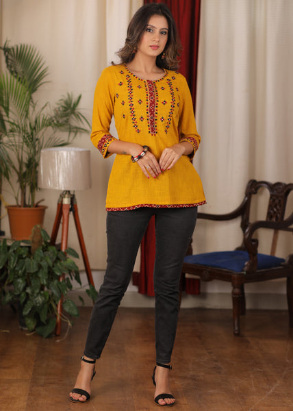 Delicate embroidered mustard cotton Top