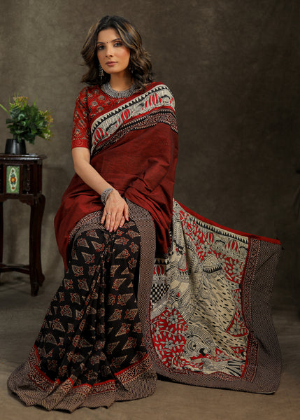 Beautiful block printed Ajrakh and maroon cotton combination saree with hand painted Madhubani patch on Pallu