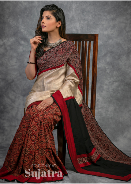 Exclusive block printed Ajrakh & pure tussar silk combination saree