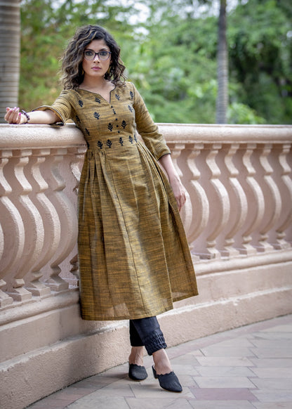 Dark mustard handloom cotton A-line kurta with side gathers & front embroidery
