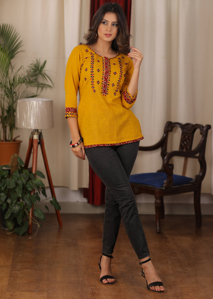 Delicate embroidered mustard cotton Top