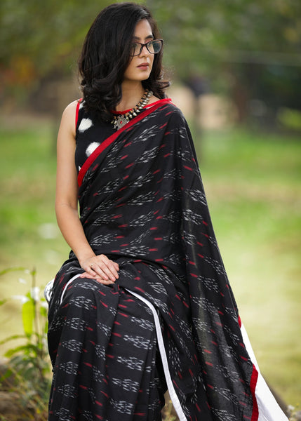Exclusive Ikat & white cotton silk pallu combination saree