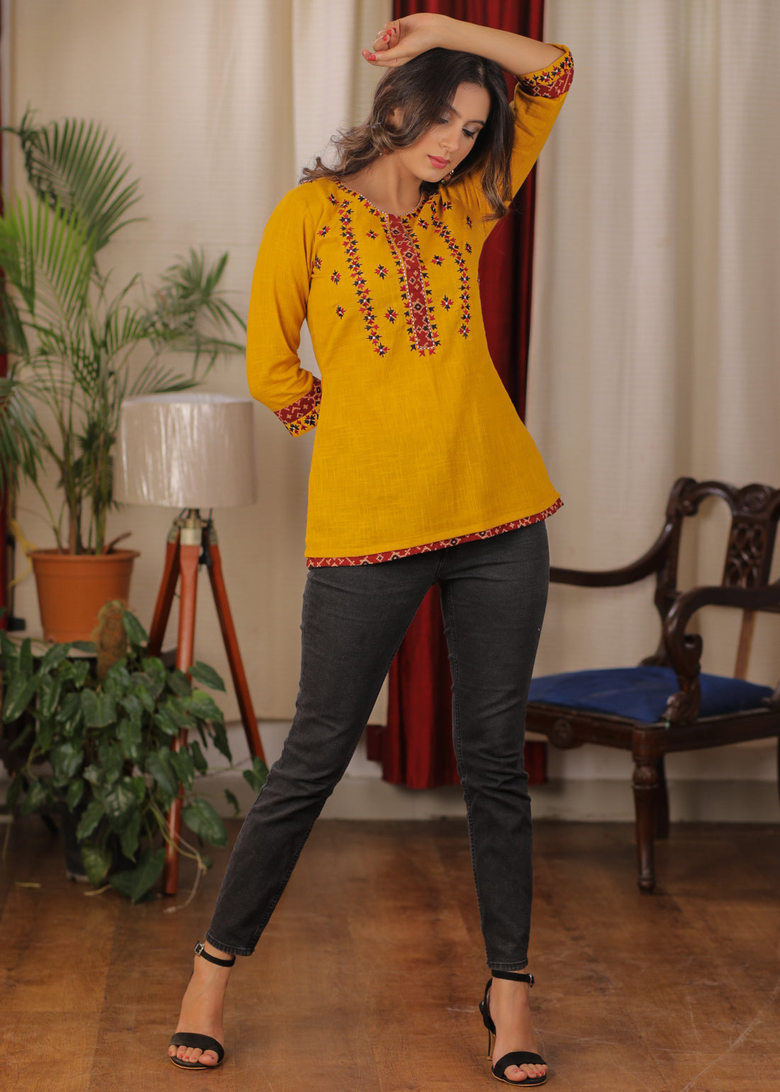 Delicate embroidered mustard cotton Top