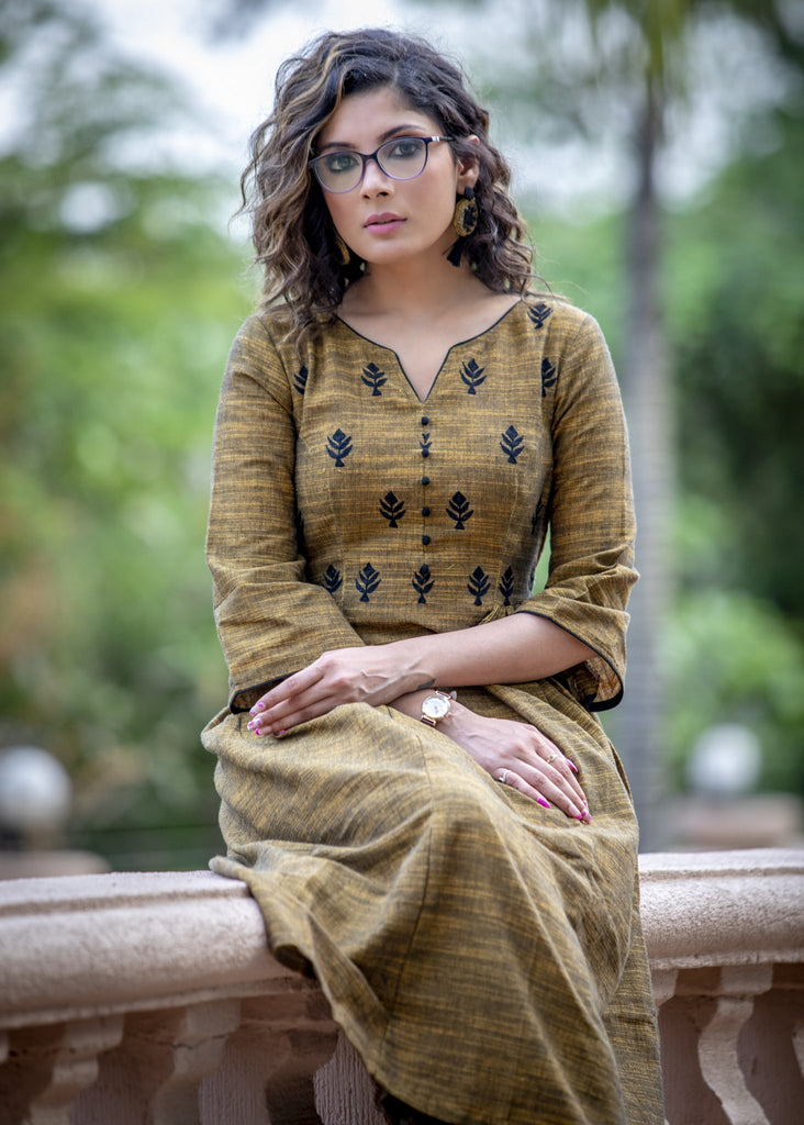 Dark mustard handloom cotton A-line kurta with side gathers & front embroidery