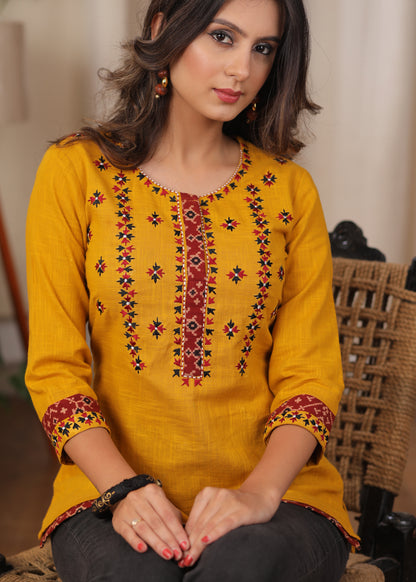 Delicate embroidered mustard cotton Top
