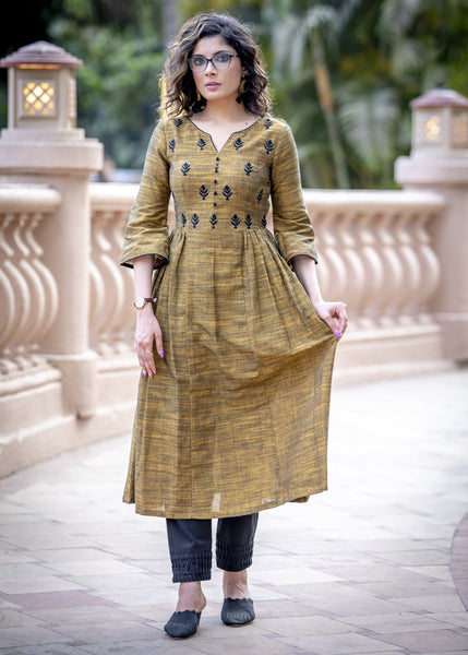 Dark mustard handloom cotton A-line kurta with side gathers & front embroidery