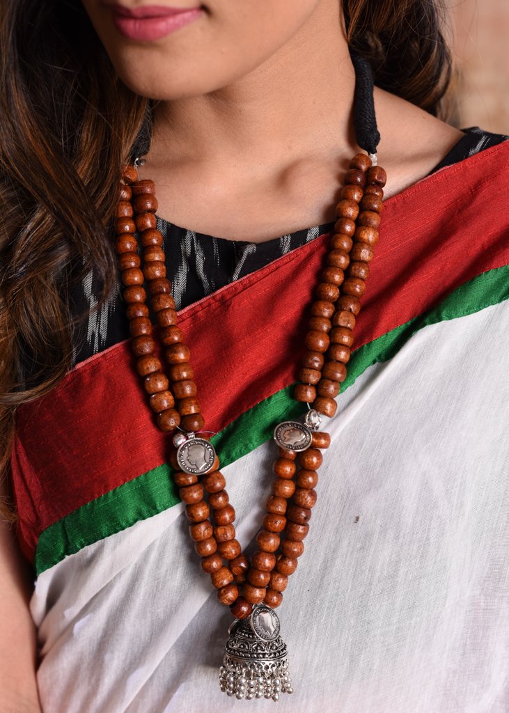 Exclusive Wooden beads with german silver pendant necklace - Sujatra