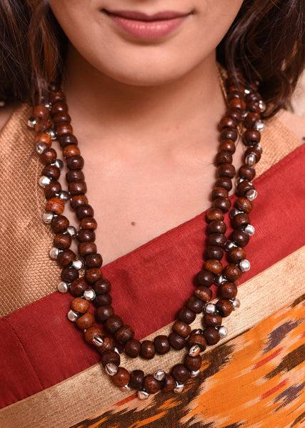 Wooden beaded long necklace with ghungroo tassels - Sujatra