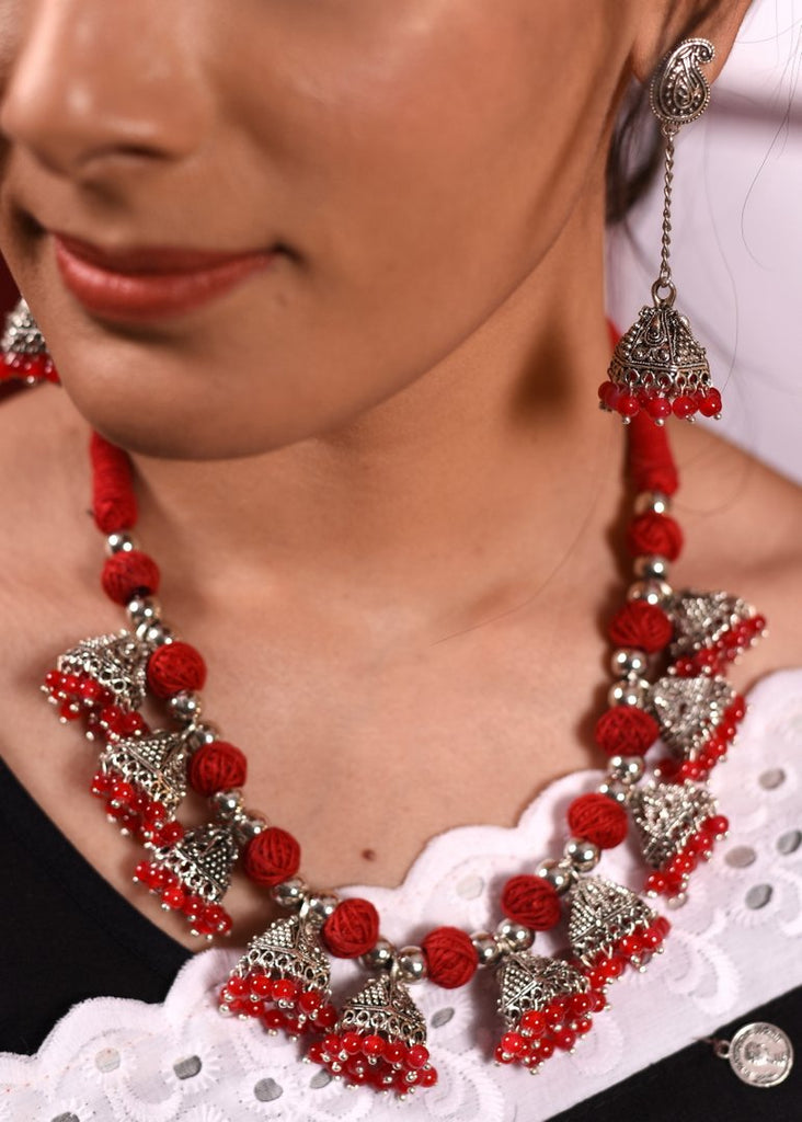 Exclusive thread balls & jhumka pendant combination necklace set - Sujatra