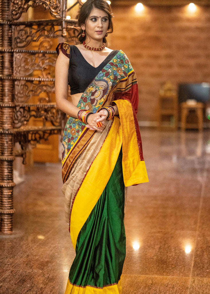 Exclusive Khun & Ghicha silk combination saree with hand painted Kalamkari border