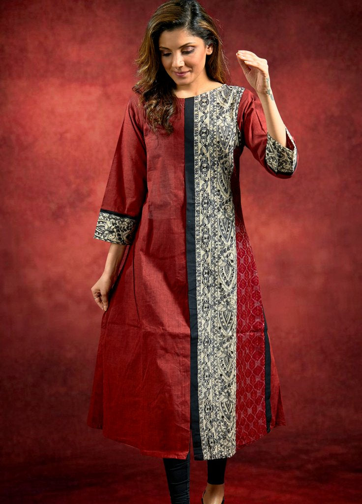 Handloom Cotton Kurta with Madhubani  and Ikkat Combination