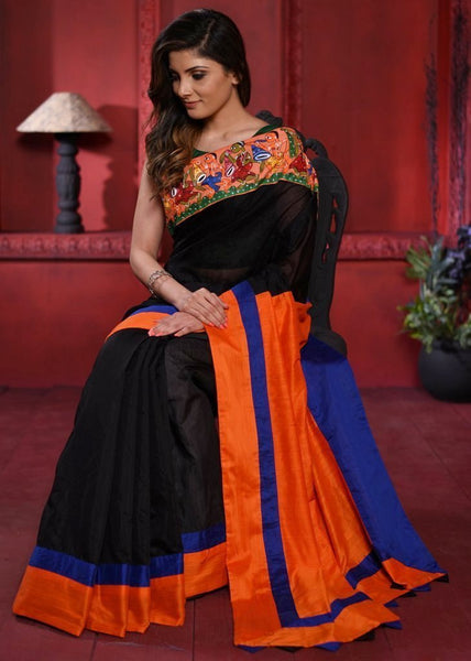 Black chanderi saree with exclusive hand painted saothal painting & orange cotton silk pallu - Sujatra