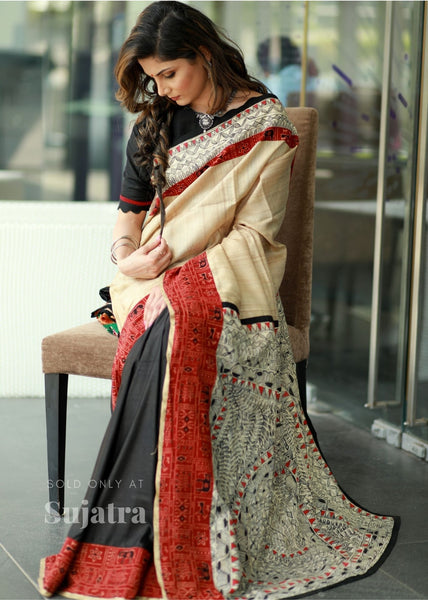 Exclusive hand painted madhubani & pure tasar silk combination saree with Ajrakh border & black semi silk pleats