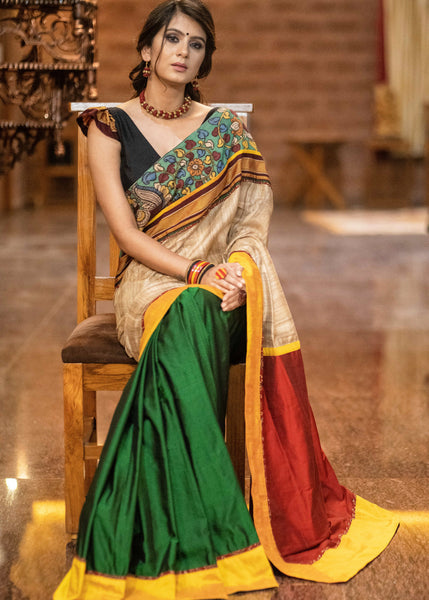 Exclusive Khun & Ghicha silk combination saree with hand painted Kalamkari border