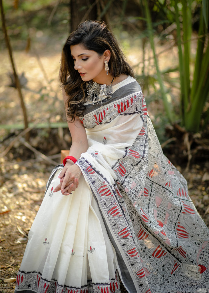 Exclusive pure cotton all over hand painted madhubani saree