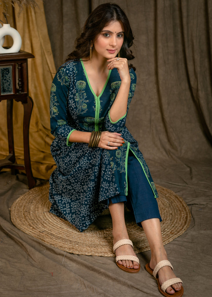 Classy Cotton Indigo and Ajrakh Combination A-Line Kurta with Contrast Green Detailing - Pant Optional