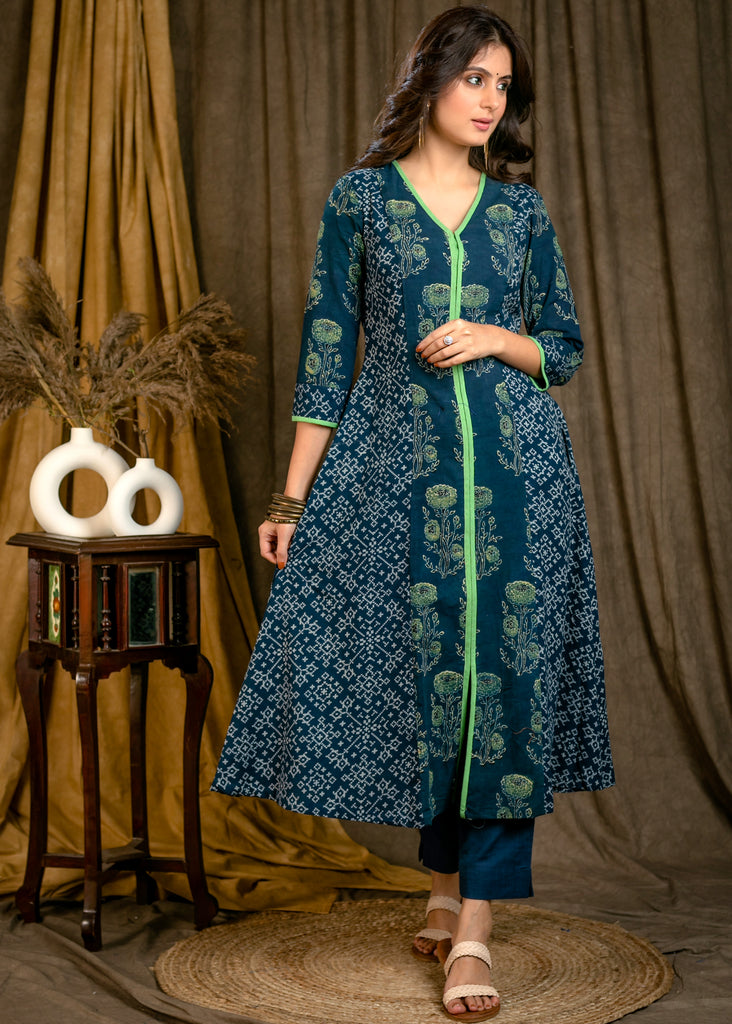 Classy Cotton Indigo and Ajrakh Combination A-Line Kurta with Contrast Green Detailing - Pant Optional