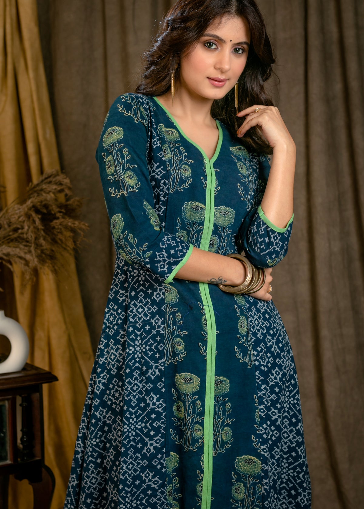 Dussehra Sale — Classy Cotton Indigo and Ajrakh Combination A-Line Kurta with Contrast Green Detailing - Pant Optional