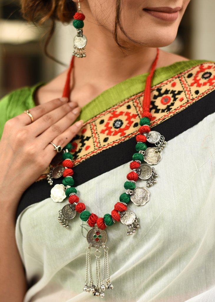 Exclusive coin tassels and thread ball necklace set - Sujatra