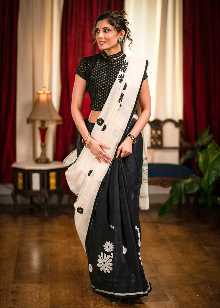 Exclusive bengal handloom cotton saree with designer applic work