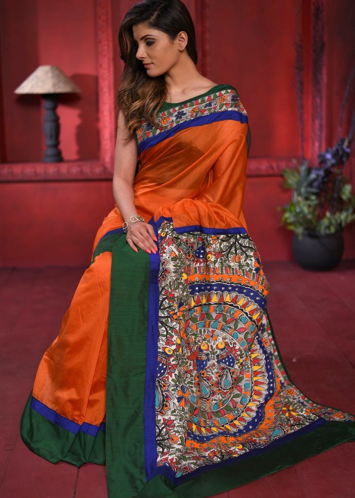 Orange chanderi saree with intricate hand painted madhubani painted pallu & border - Sujatra