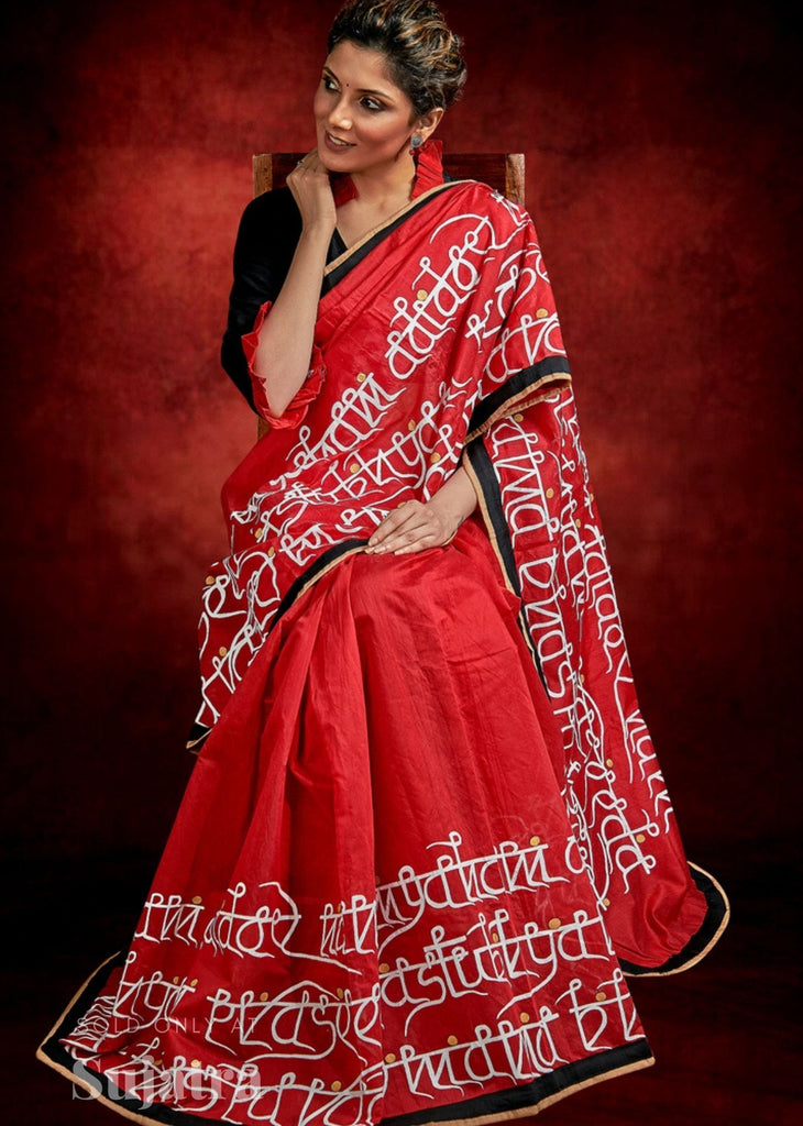 Red chanderi saree with exclusive lipi hand painting