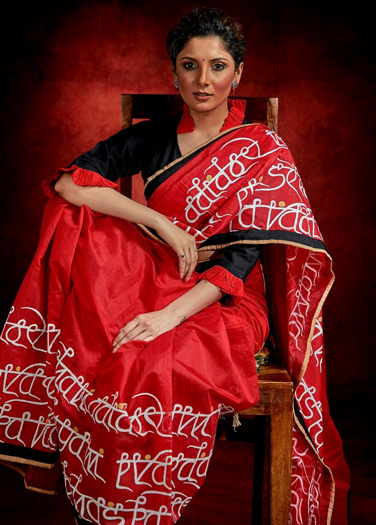 Red chanderi saree with exclusive lipi hand painting