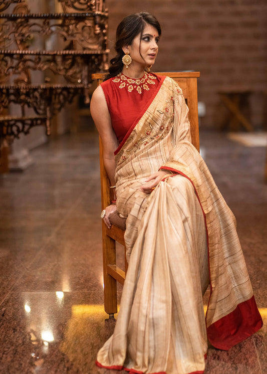 Pure ghicha silk saree with exclusive hand embroidered zardosi work - Zardosi blouse piece separate