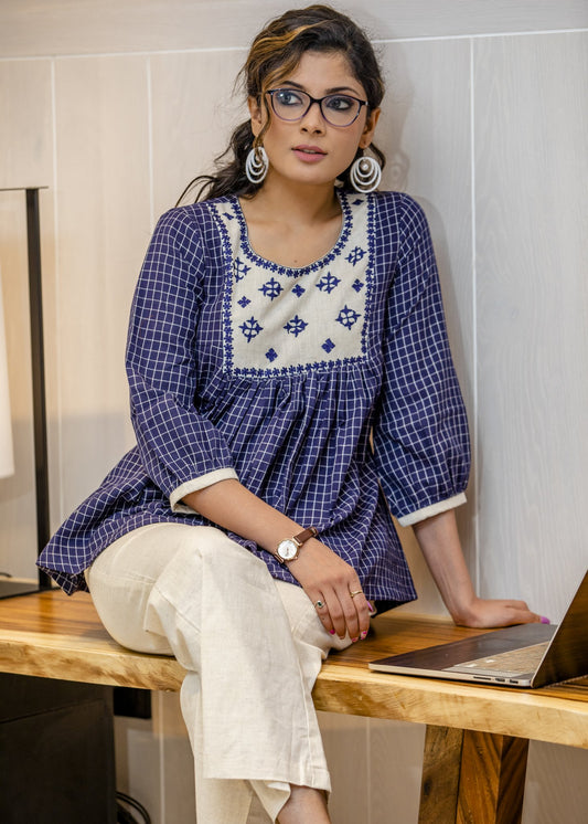 Navy blue checkered cotton top with square embroidered yoke