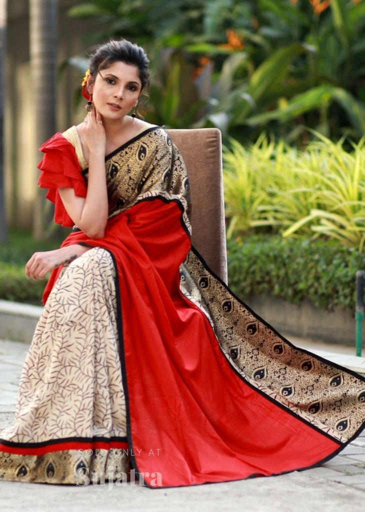Red Semi Silk Saree With Ajrakh Block Printed Combination & Benarasi Border