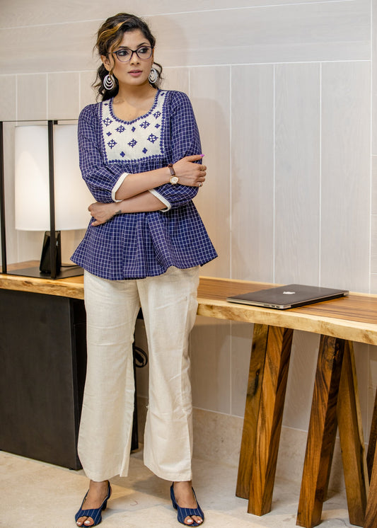 Navy blue checkered cotton top with square embroidered yoke