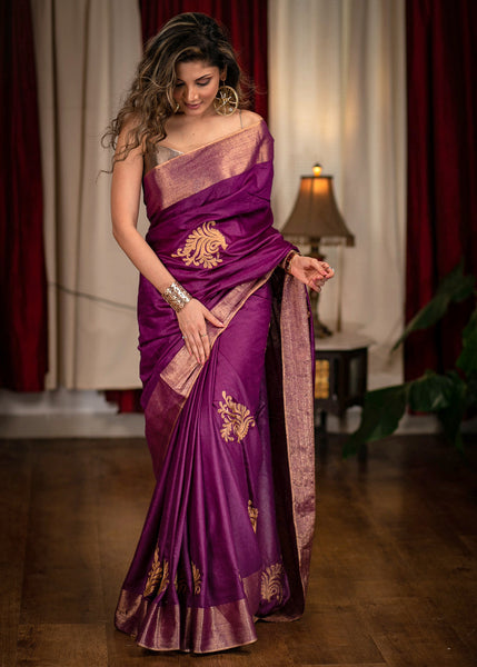 Purple designer cotton silk saree with exclusive embroidered motifs