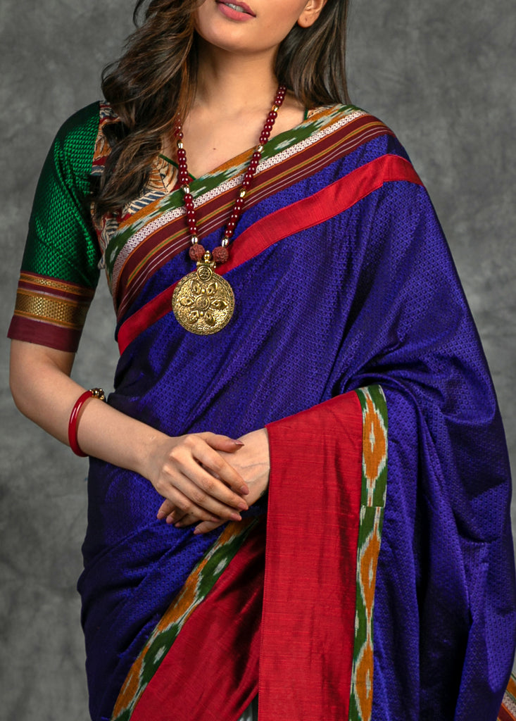 Khun & chanderi combination saree with ikat border