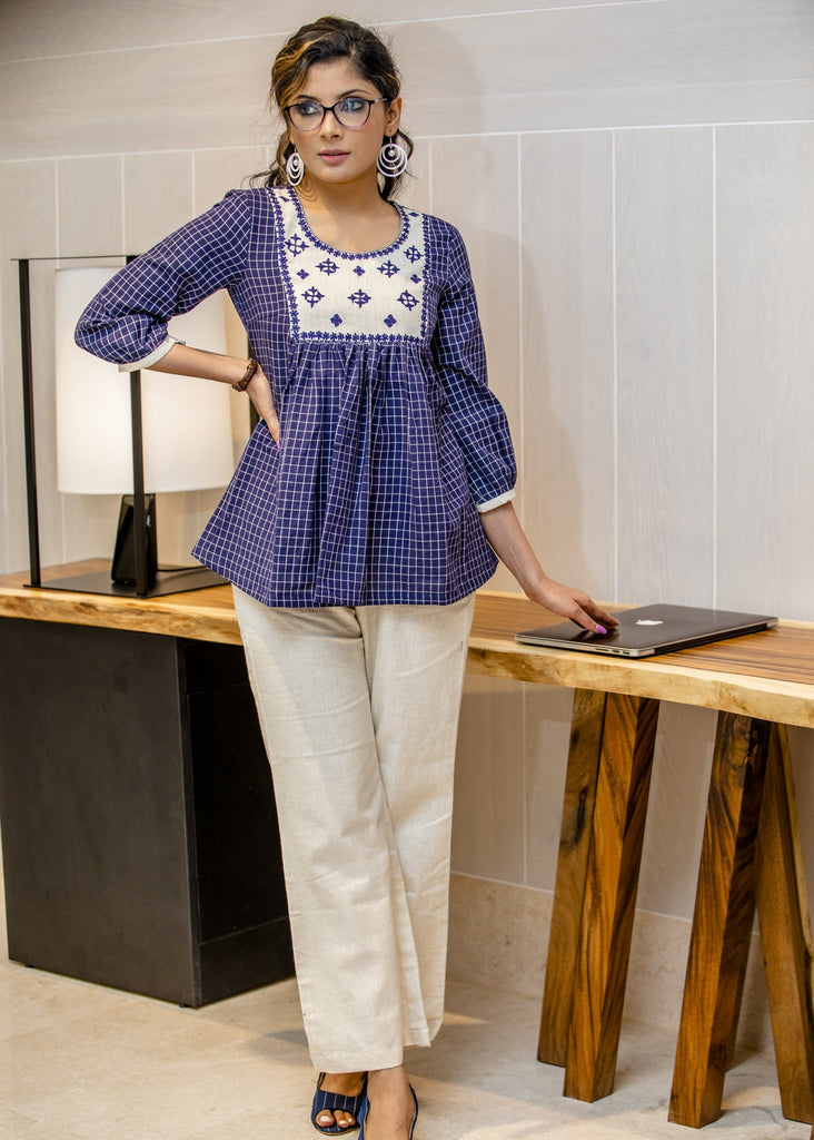 Navy blue checkered cotton top with square embroidered yoke