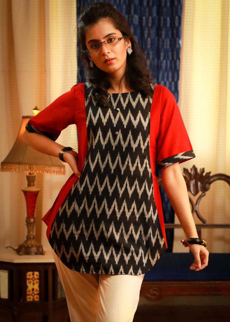 Classic red & black zig zag ikat combination pure cotton top