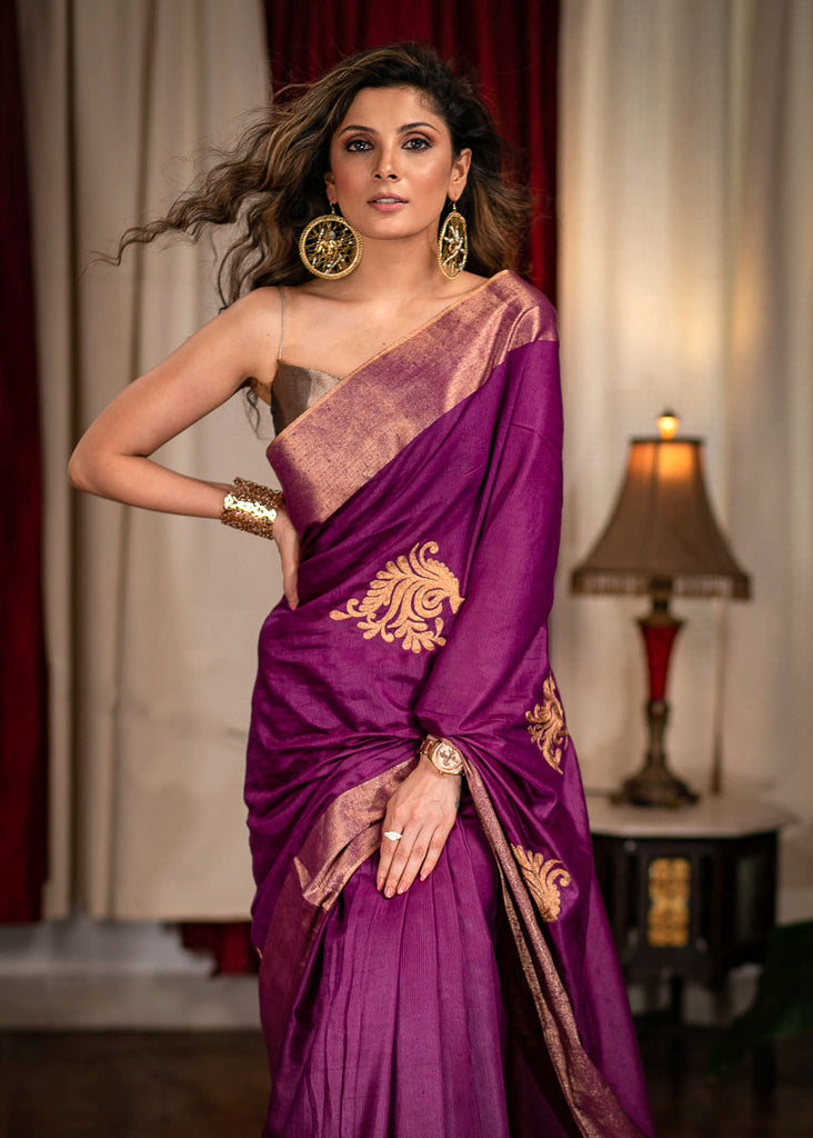 Purple designer cotton silk saree with exclusive embroidered motifs