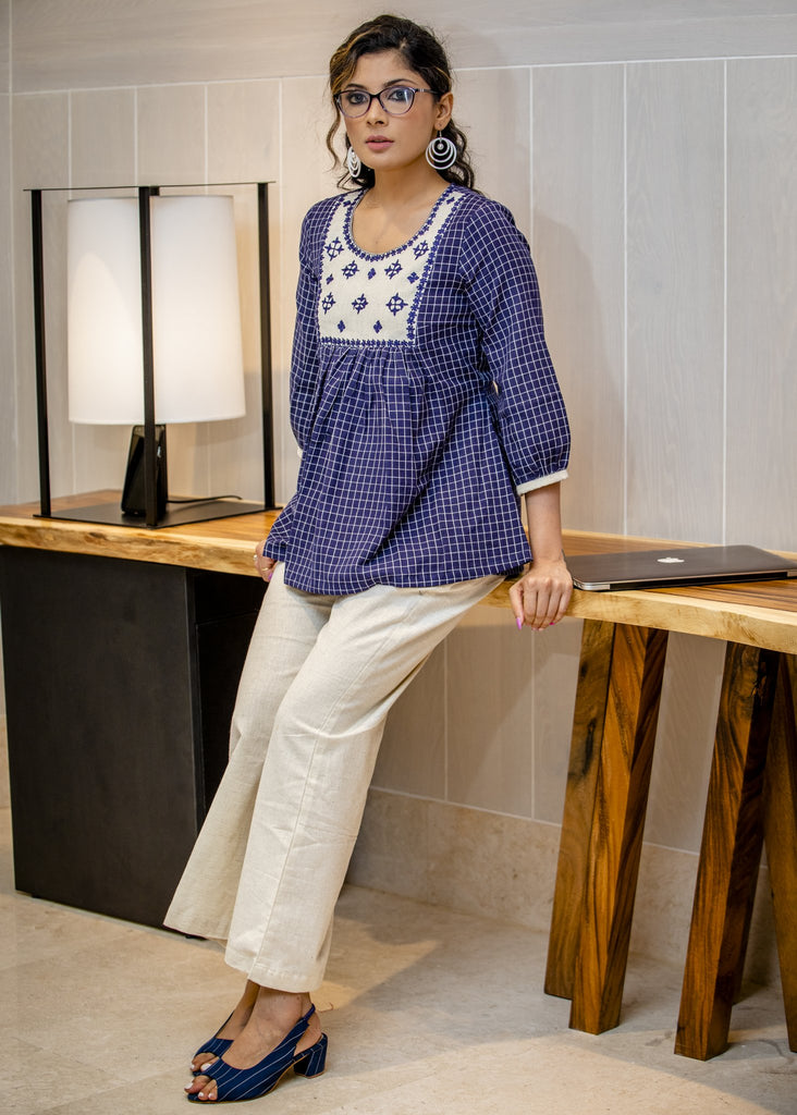 Navy blue checkered cotton top with square embroidered yoke