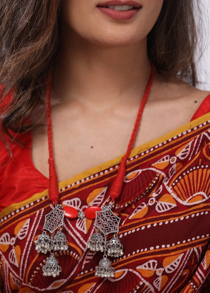 Red threaded german silver traditional jhumka pendant neckpiece - Sujatra