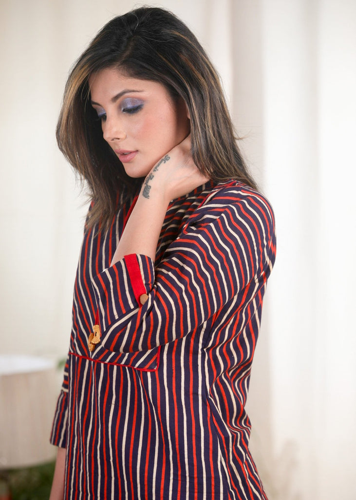 Multi coloured striped Ajrakh cotton tunic