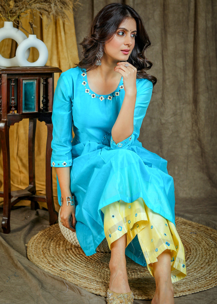 Exclusive Light Blue Chanderi Kurta with Mirrorwork On Yoke - Contrast Mirror Work Pant Optional