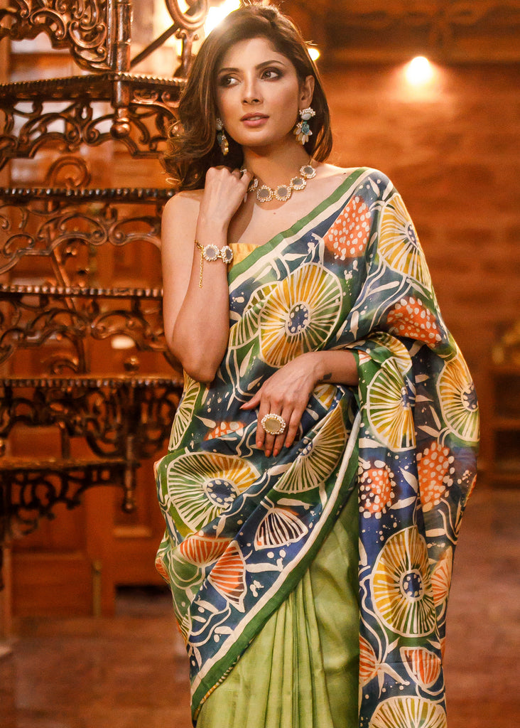 Green pure bishnupuri saree with exclusive hand batik work
