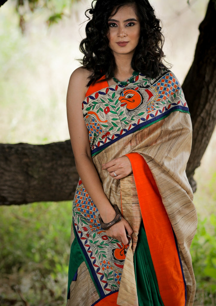 Exclusive pure raw silk & green cotton silk combination saree with hand painted madhubani border