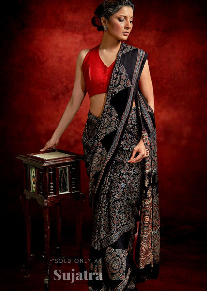 Exclusive Ajrakh block printed black modal silk saree