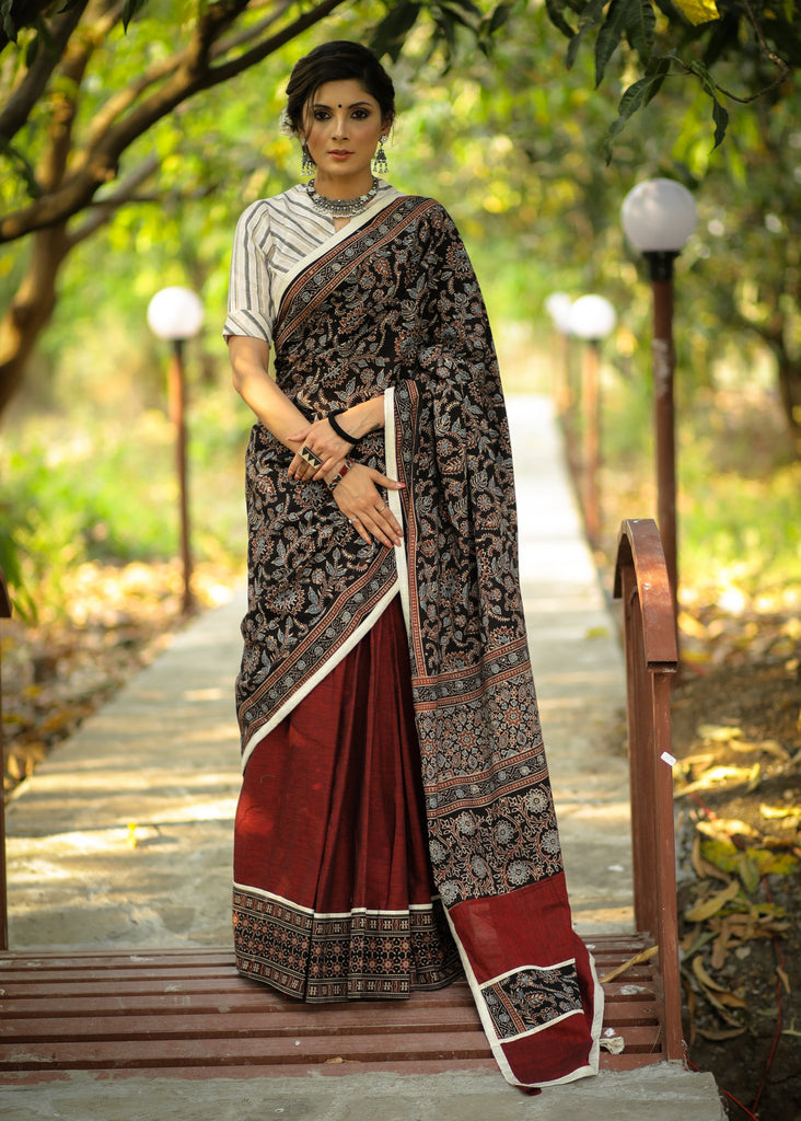 Exclusive block printed Ajrakh & maroon handloom cotton combination saree